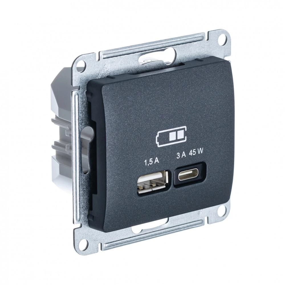 артикул GSL000729 название Розетка USB 2-ая Тип А+С 45 Вт (для подзарядки), Schneider Electric, Серия Glossa, Антрацит