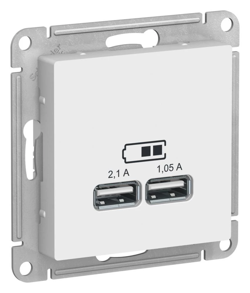 артикул ATN001333 название Розетка USB 2-ая 2100 мА (для подзарядки), Schneider Electric, Серия Atlas Design, Белый Лотос
