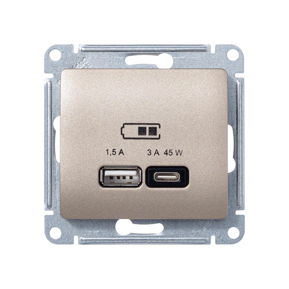 артикул GSL000429 название Розетка USB 2-ая Тип А+С 45 Вт (для подзарядки), Schneider Electric, Серия Glossa, Титан