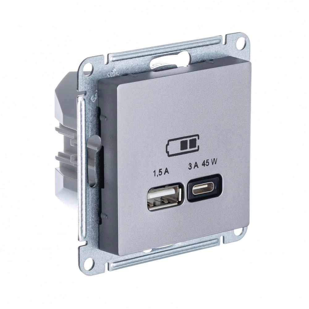 артикул ATN000929 название Розетка USB 2-ая Тип А+С 45 Вт (для подзарядки), Schneider Electric, Серия Atlas Design, Сталь