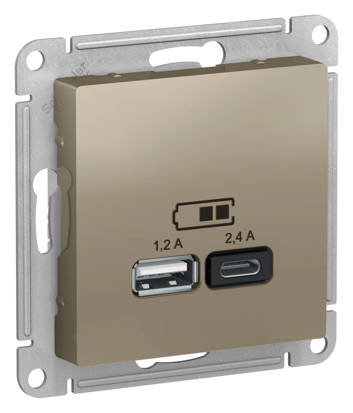 артикул ATN000539 название Розетка USB 2-ая Тип А+С, 2400 мА (для подзарядки), Schneider Electric, Серия Atlas Design, Шампань