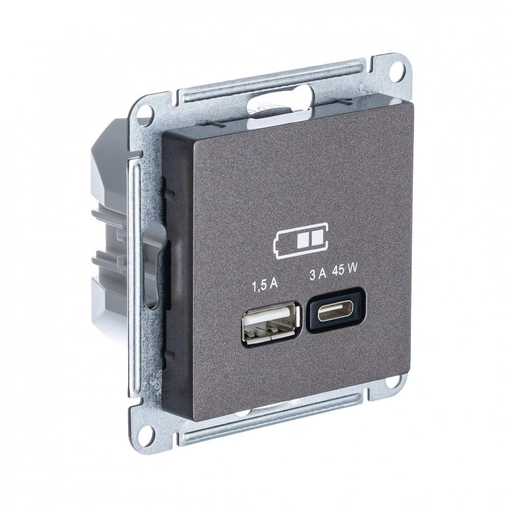 артикул ATN000629 название Розетка USB 2-ая Тип А+С 45 Вт (для подзарядки), Schneider Electric, Серия Atlas Design, Мокко