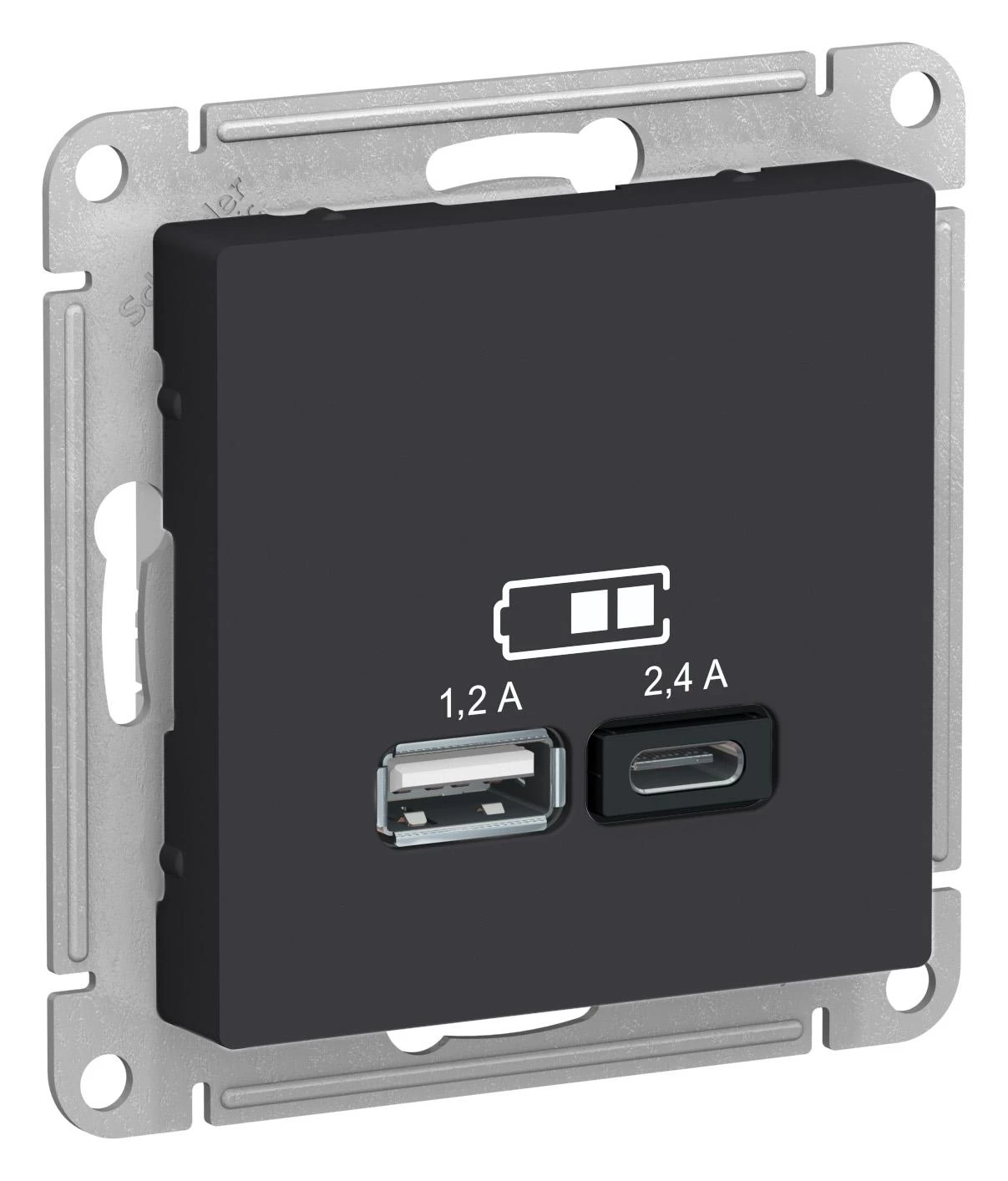 артикул ATN001039 название Розетка USB 2-ая Тип А+С, 2400 мА (для подзарядки), Schneider Electric, Серия Atlas Design, Карбон