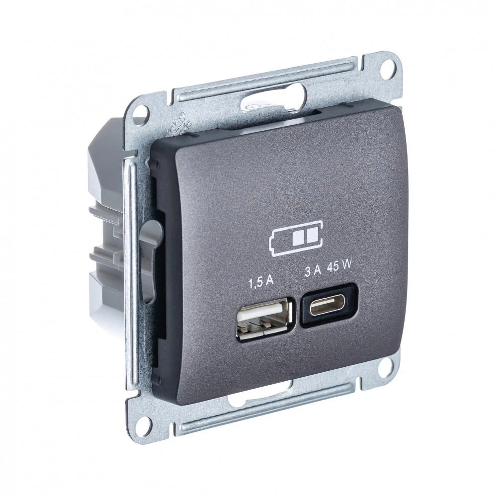 артикул GSL001329 название Розетка USB 2-ая Тип А+С 45 Вт (для подзарядки), Schneider Electric, Серия Glossa, Графит