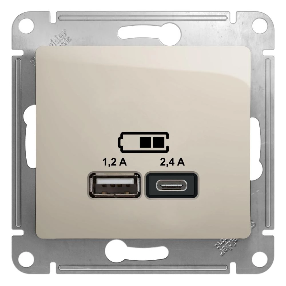 артикул GSL000939 название Розетка USB 2-ая Тип А+С, 2400 мА (для подзарядки), Schneider Electric, Серия Glossa, Молочный