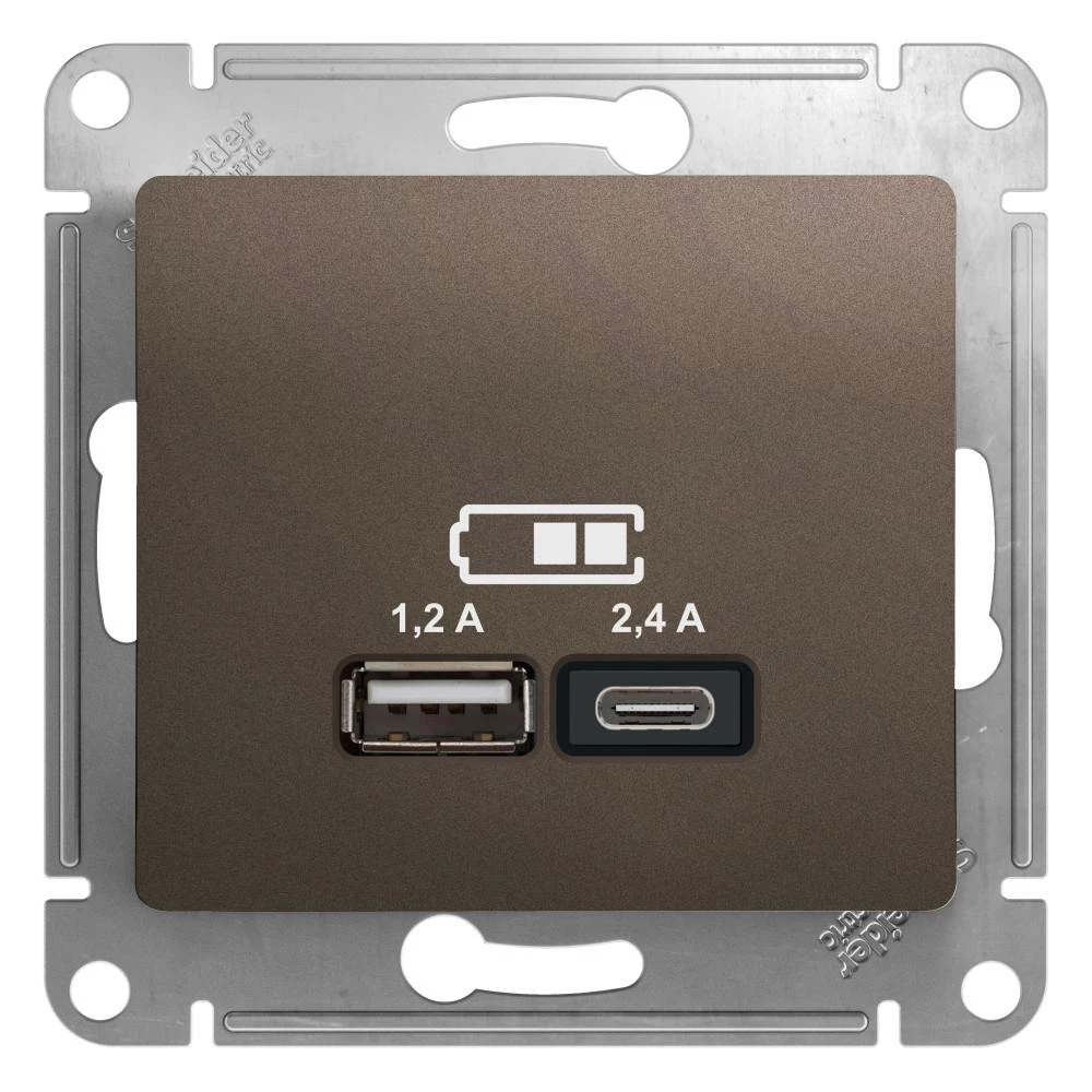артикул GSL000839 название Розетка USB 2-ая Тип А+С, 2400 мА (для подзарядки), Schneider Electric, Серия Glossa, Шоколад