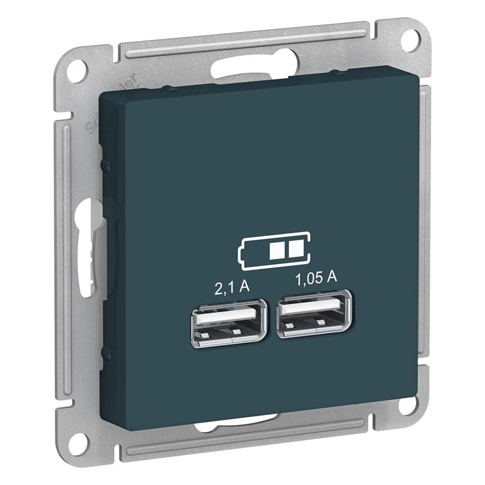 артикул ATN000833 название Розетка USB 2-ая 2100 мА (для подзарядки), Schneider Electric, Серия Atlas Design, Изумруд