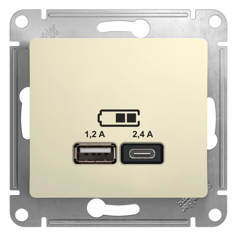 артикул GSL000239 название Розетка USB 2-ая Тип А+С, 2400 мА (для подзарядки), Schneider Electric, Серия Glossa, Бежевый