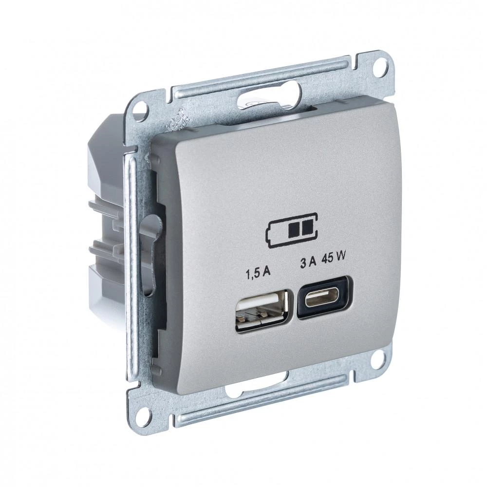 артикул GSL001229 название Розетка USB 2-ая Тип А+С 45 Вт (для подзарядки), Schneider Electric, Серия Glossa, Платина