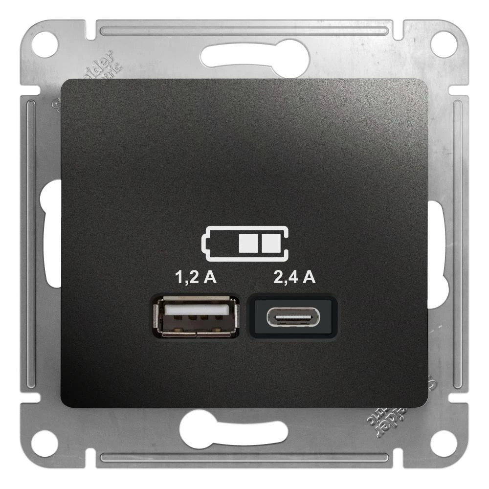 артикул GSL000739 название Розетка USB 2-ая Тип А+С, 2400 мА (для подзарядки), Schneider Electric, Серия Glossa, Антрацит