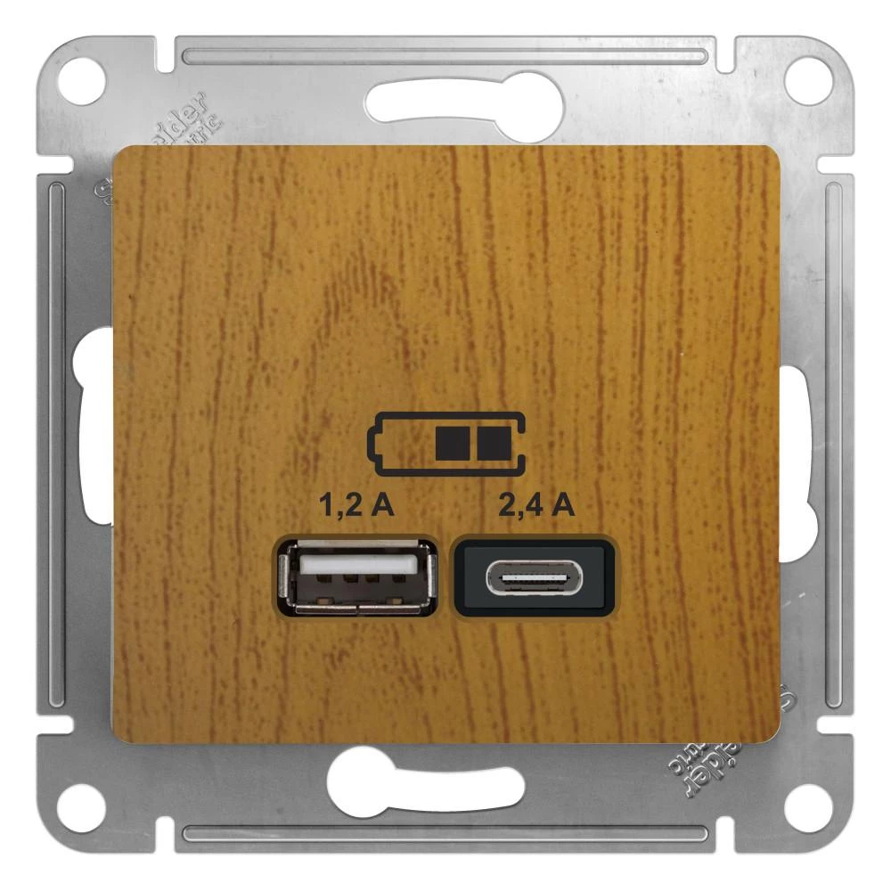 артикул GSL000539 название Розетка USB 2-ая Тип А+С, 2400 мА (для подзарядки), Schneider Electric, Серия Glossa, Дерево Дуб