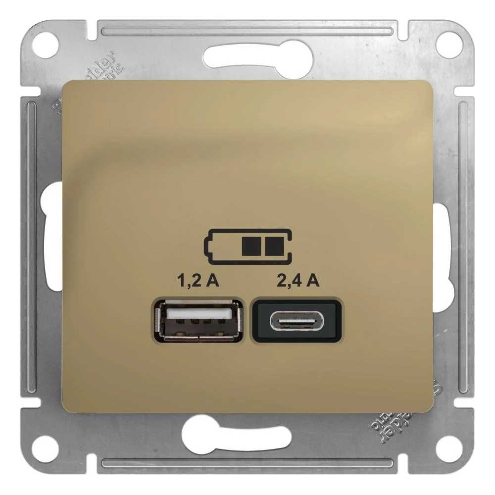 артикул GSL000439 название Розетка USB 2-ая Тип А+С, 2400 мА (для подзарядки), Schneider Electric, Серия Glossa, Титан